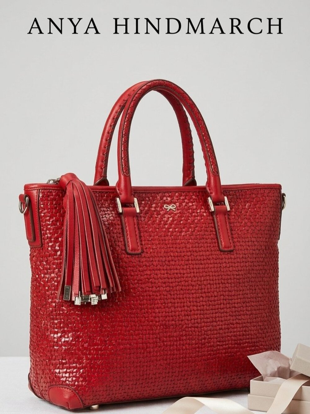 Anya Hindmarch Red Woven Leather Tote Bag Tassel A4 Work Bag Quiet Luxury Statem